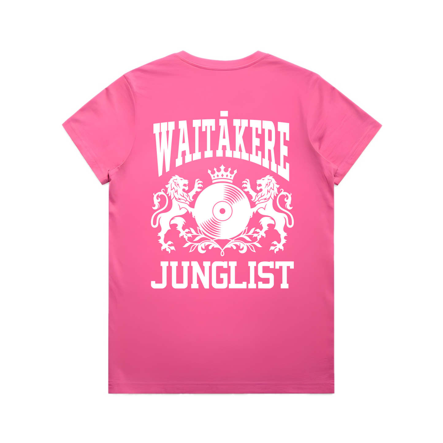 Womens WAITĀKERE JUNGLIST Tee - Charity Pink (back)